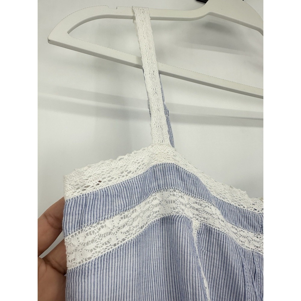 GAP Lace Trim Maxi Dress S Petite Blue Stripe Cotton Button Front Cottagecore - Picture 12 of 16